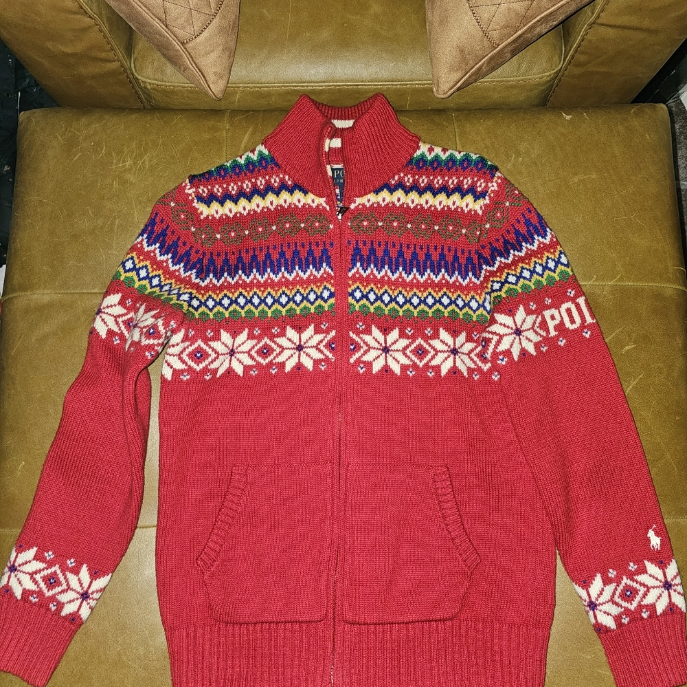 Polo Ralph Lauren Boys Fair Isle Red Full Zip L 14-16 RARE $50obo
